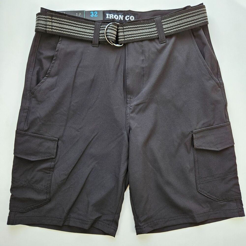 Iron Co NWT Men's Stretch Tech Belted Cargo Shorts Black 32